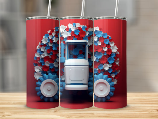 Red tumbler with floral patriotic design and white lid.