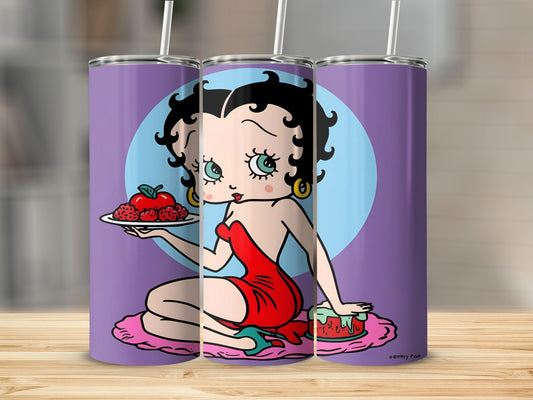 Betty Boop in red dress holding apple pie on a purple background.