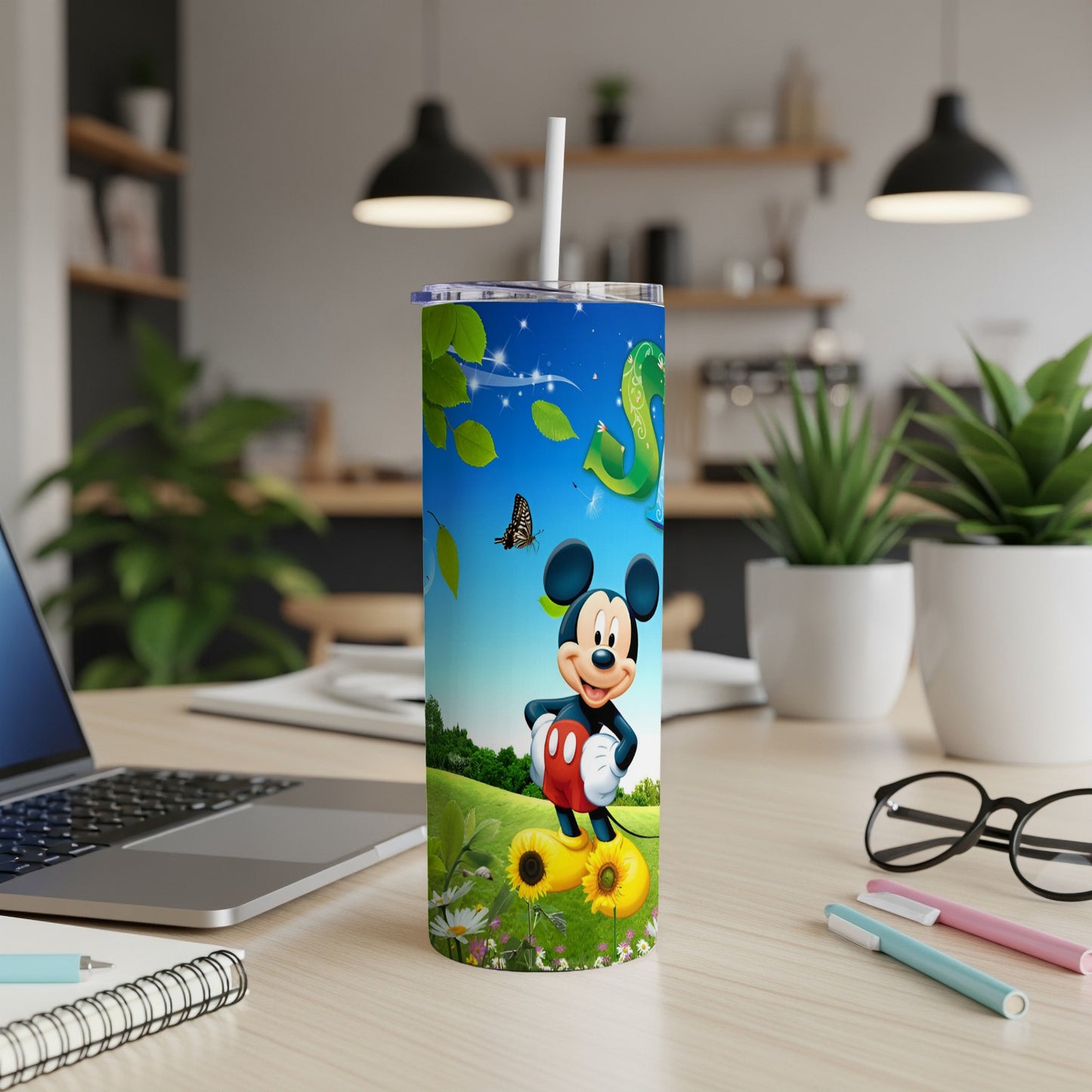 Mickey Mouse and a green dinosaur on a grassy hill with sunflowers and butterflies.