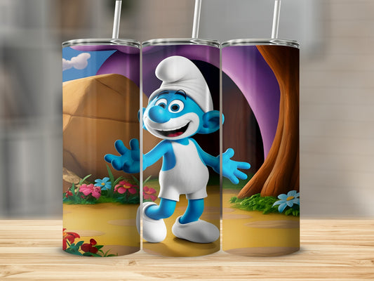Smurf character in a whimsical forest setting on a cylindrical tumbler.