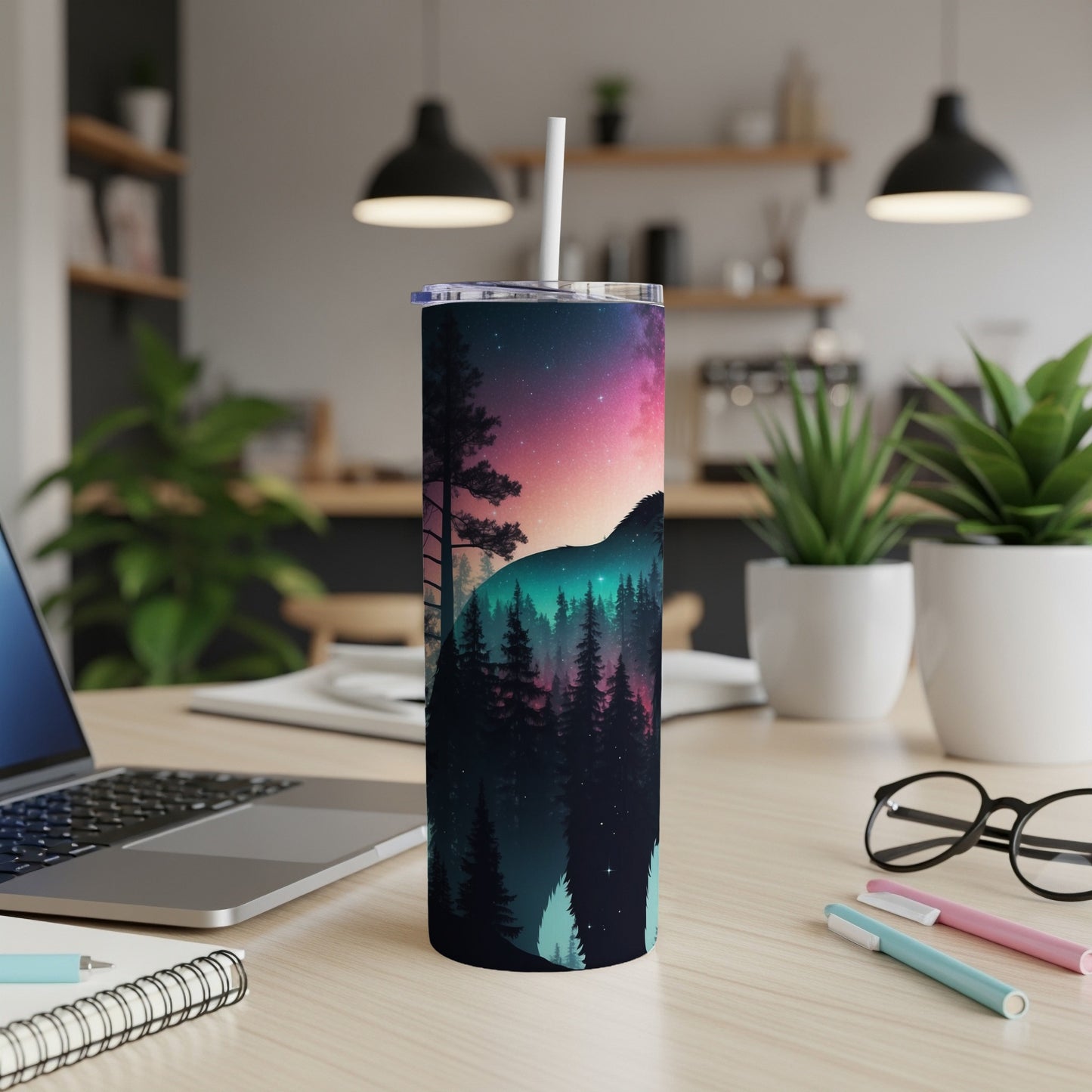 Wolf silhouette against a starry night sky in a forest scene on a tumbler.