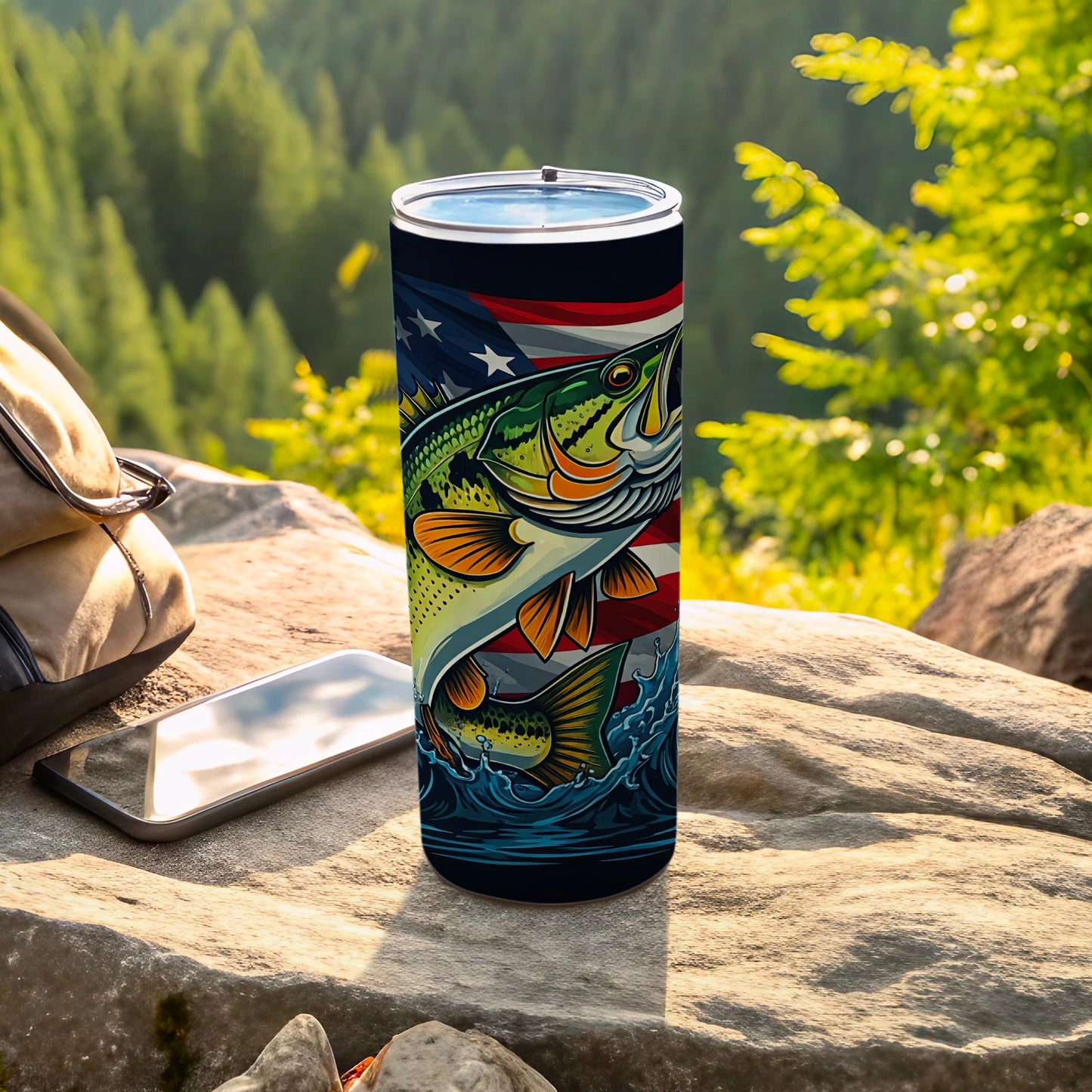 Largemouth bass against an American flag on a tumbler with outdoor background.