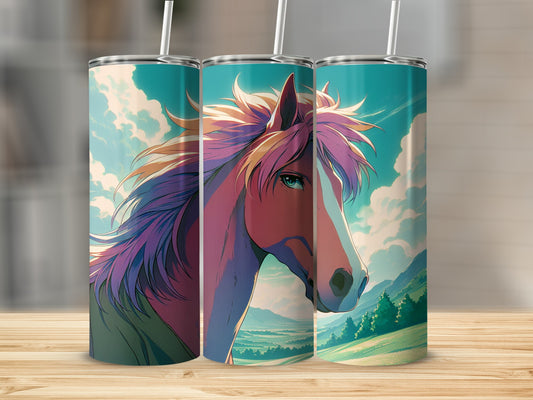 Illustration of a horse's head with colorful mane, against a landscape.