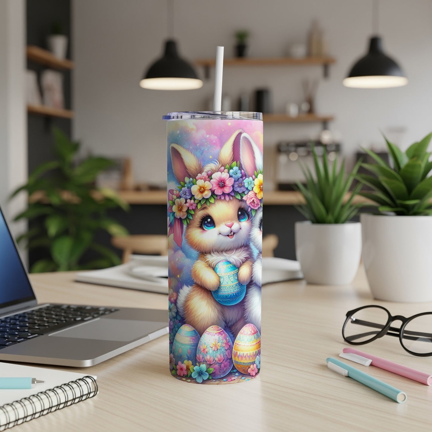Easter bunny with floral crown holding an egg, surrounded by colorful eggs.