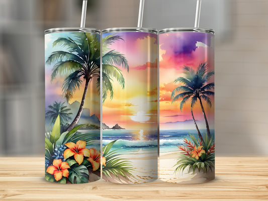 Three tumblers featuring tropical beach sunset scenes with palm trees and flowers.