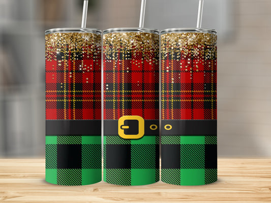 Tartan plaid tumbler with gold glitter accents and black belt.