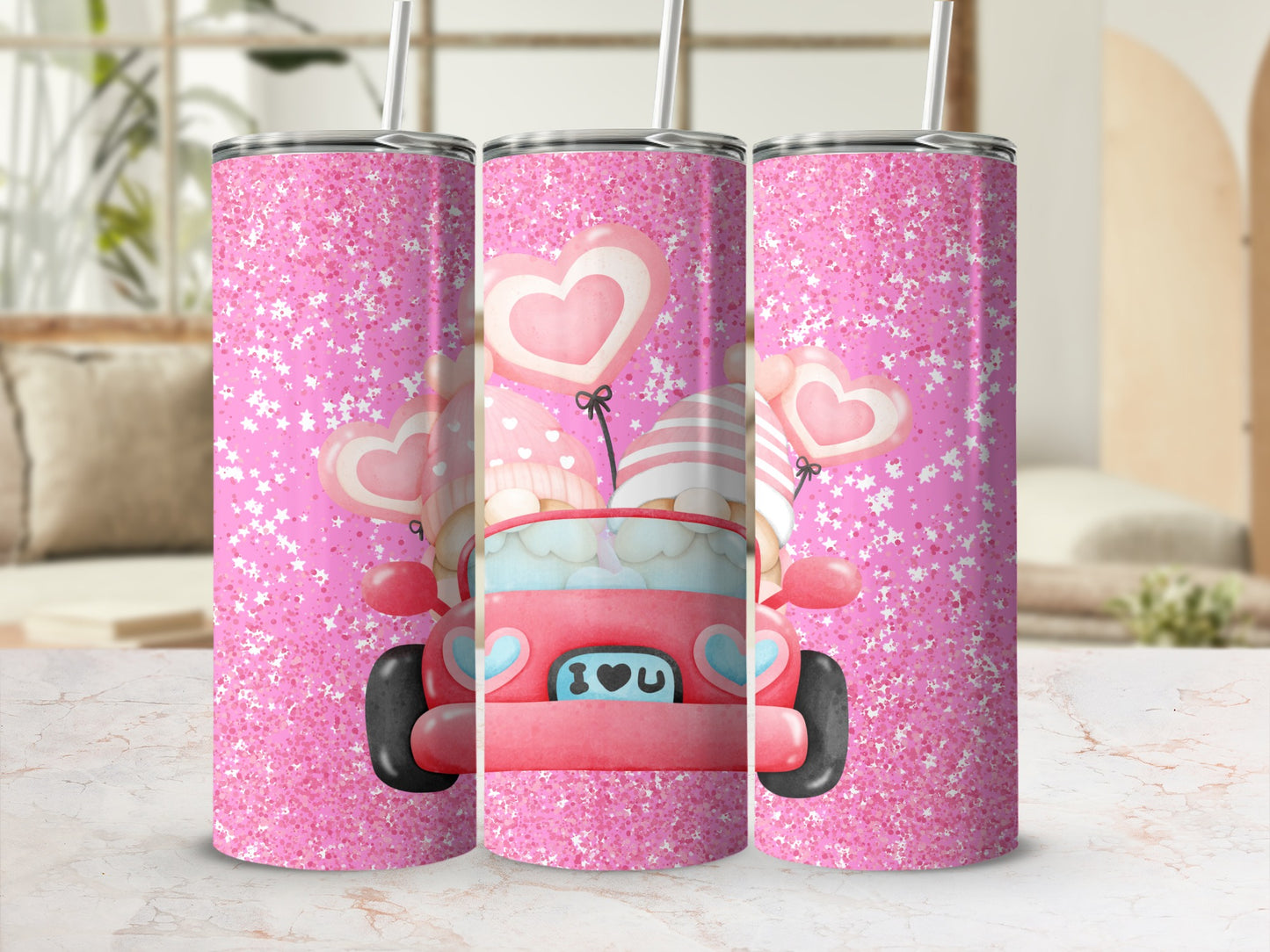 Pink Glitter Heart Car Travel Tumbler Valentine's Gift