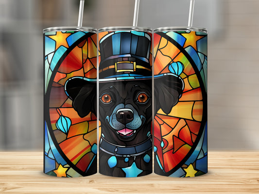 Black dog wearing a pilgrim hat with stained glass background.