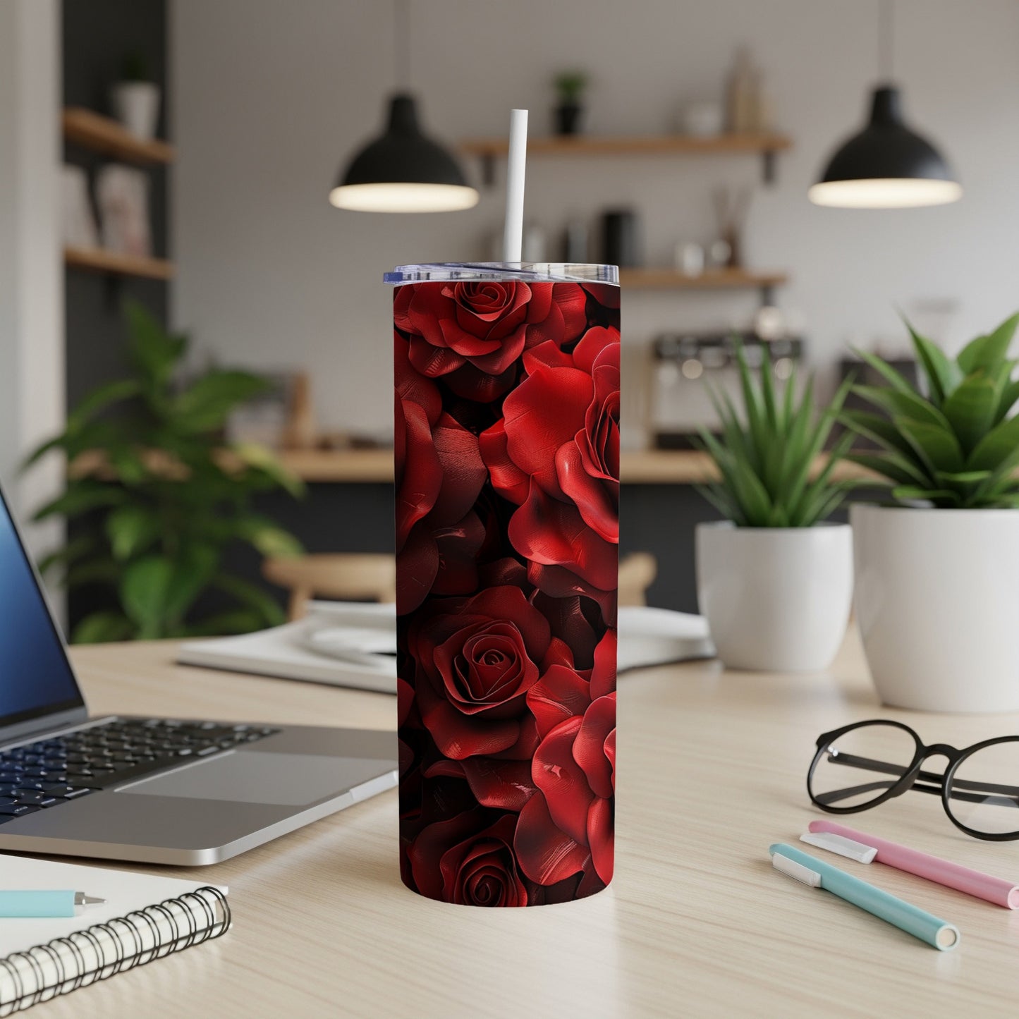 Tall tumbler with a repeating pattern of deep red roses.