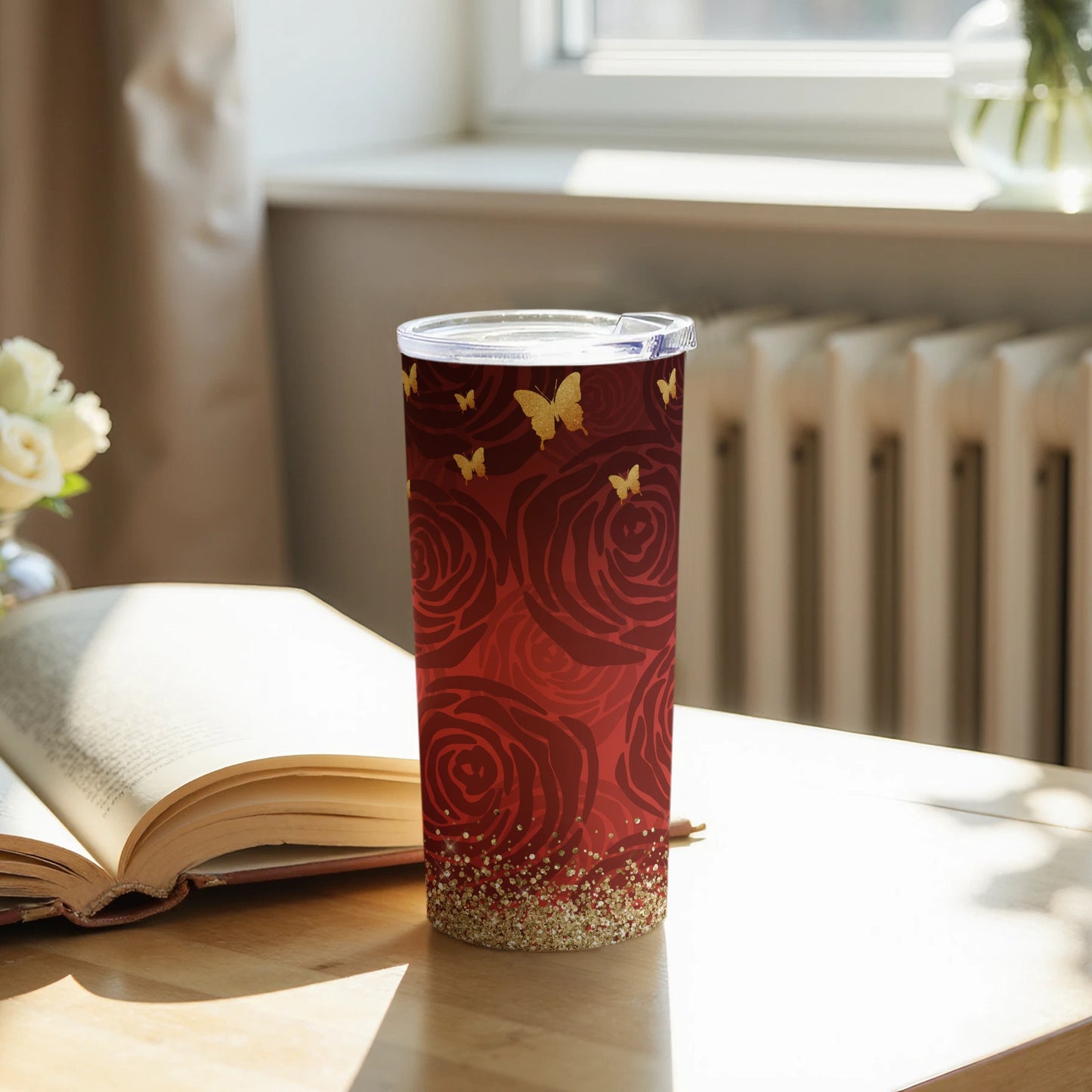 Elegant Red Rose Design Tumbler with Gold Accents