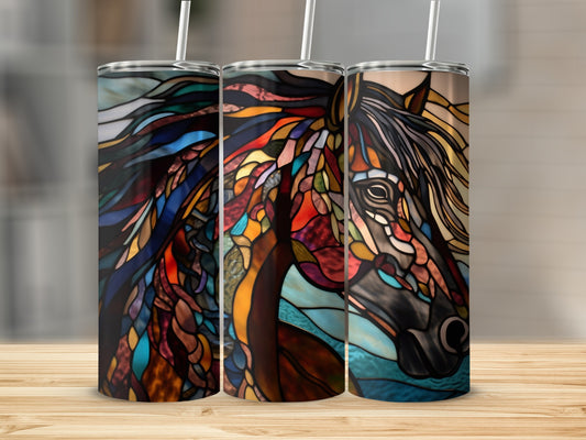 Stained glass horse head design on three tumblers.