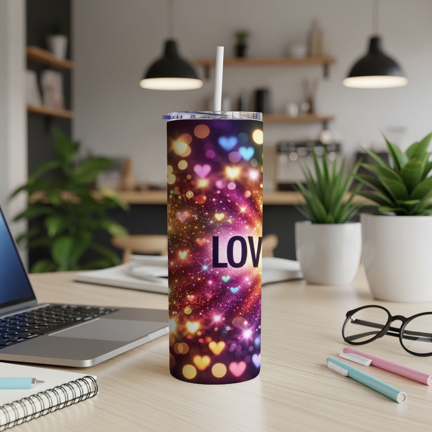 Skinny tumbler with colorful bokeh hearts and "LOVE" text.