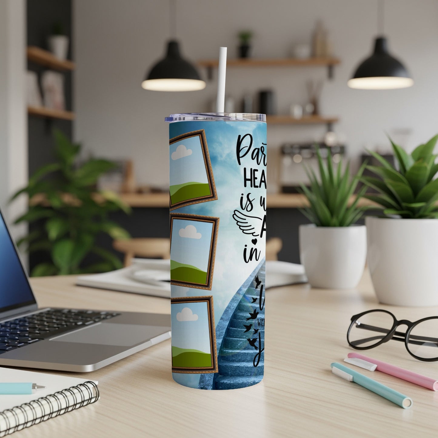 Tumbler with sky, stairs, frame placeholders, and text "Part of my heart is with you in Heaven".