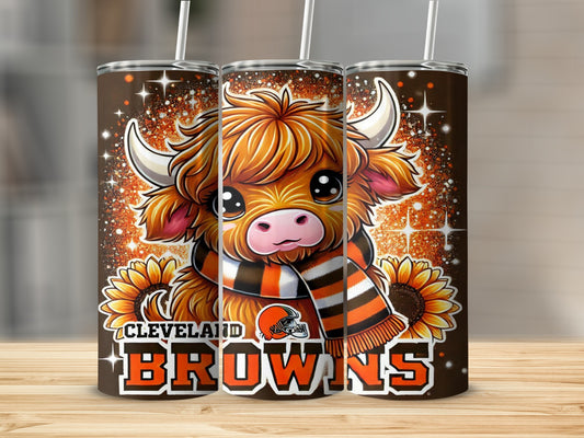 Cleveland Browns Highland cow with sunflowers tumbler.