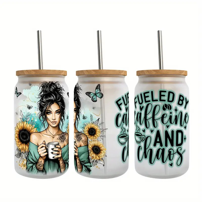 Fueled By Caffeine and Chaos 16 ounce Glass tumbler