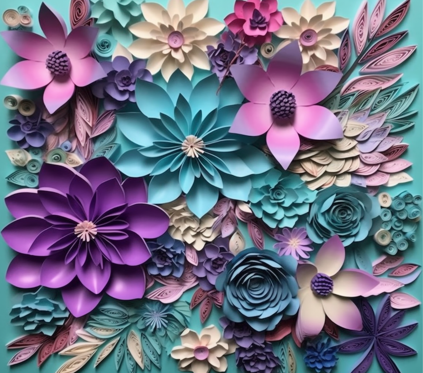 3D paper teal and purple flowers tumbler