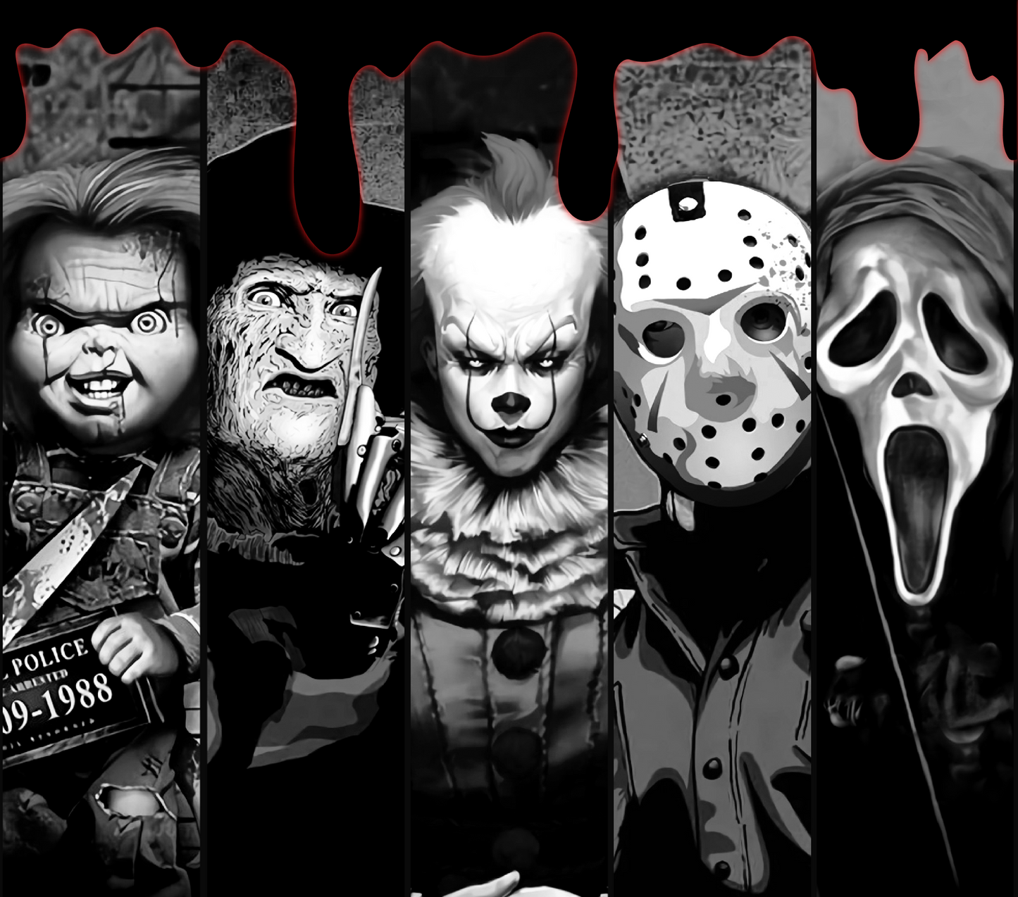 Scary movie tumbler with Jason, Ghost Face, Freddy, Chucky and Moneypenny