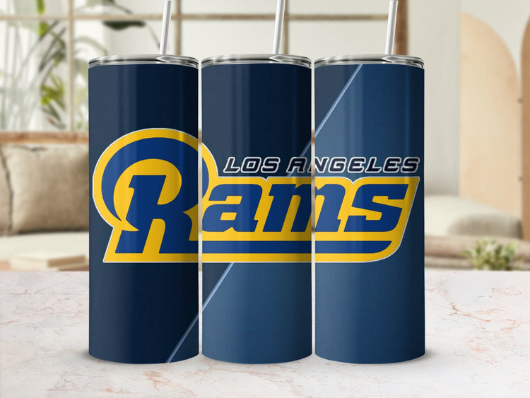 Three Los Angeles Rams tumblers with straws, featuring team logo and colors.