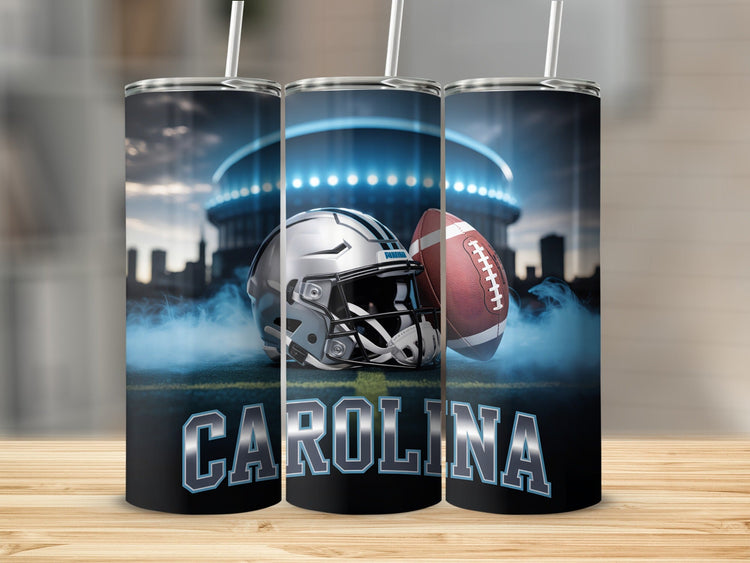 Carolina Panthers helmet and football with stadium in background.
