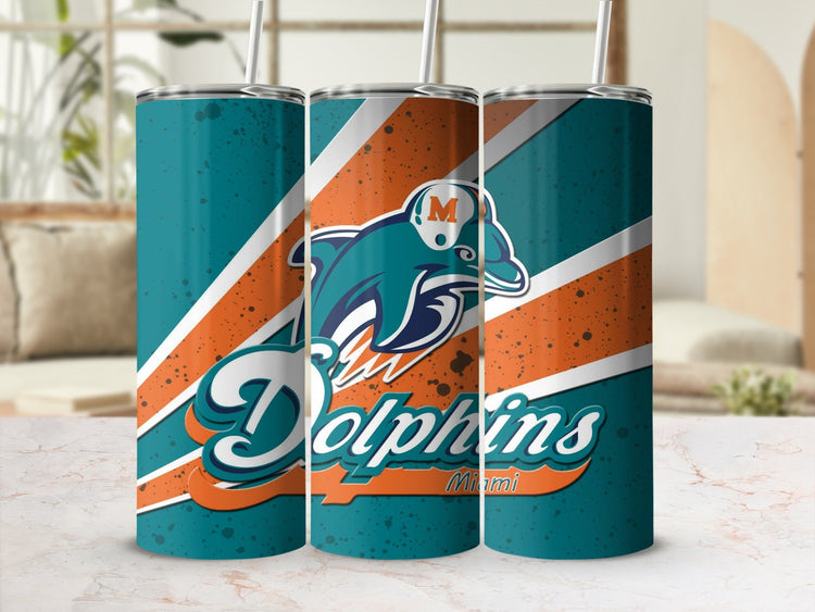Miami Dolphins logo and name on teal and orange striped tumblers with straws.