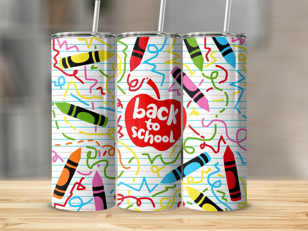 Three tumblers with a "Back to School" apple and colorful crayon designs on notebook paper.