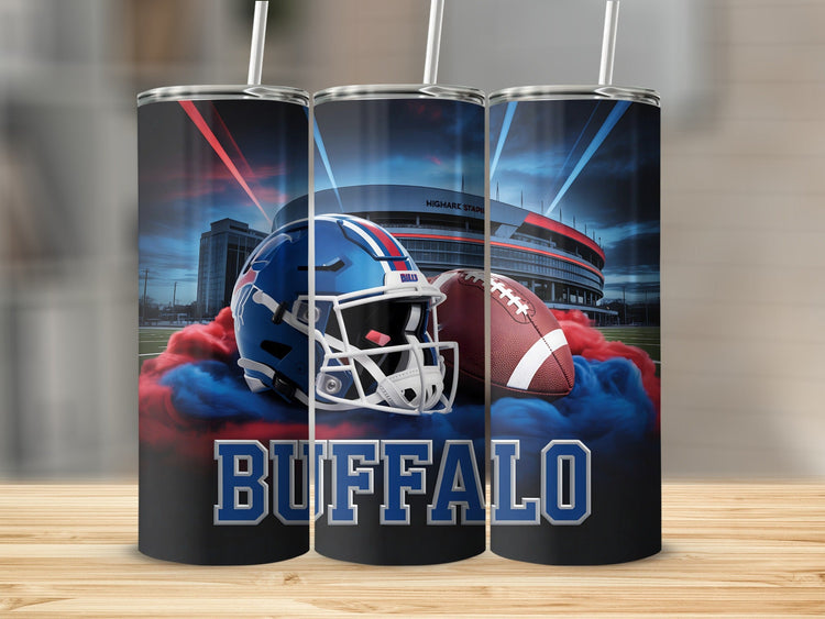 Buffalo Bills helmet, football, and stadium with red and blue smoke.