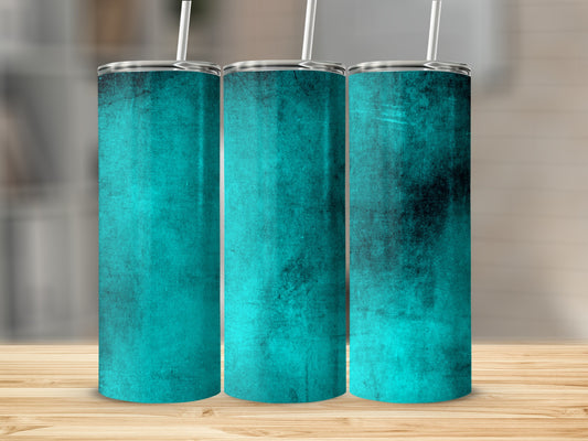 Three teal tumblers with textured grunge design and white straws.