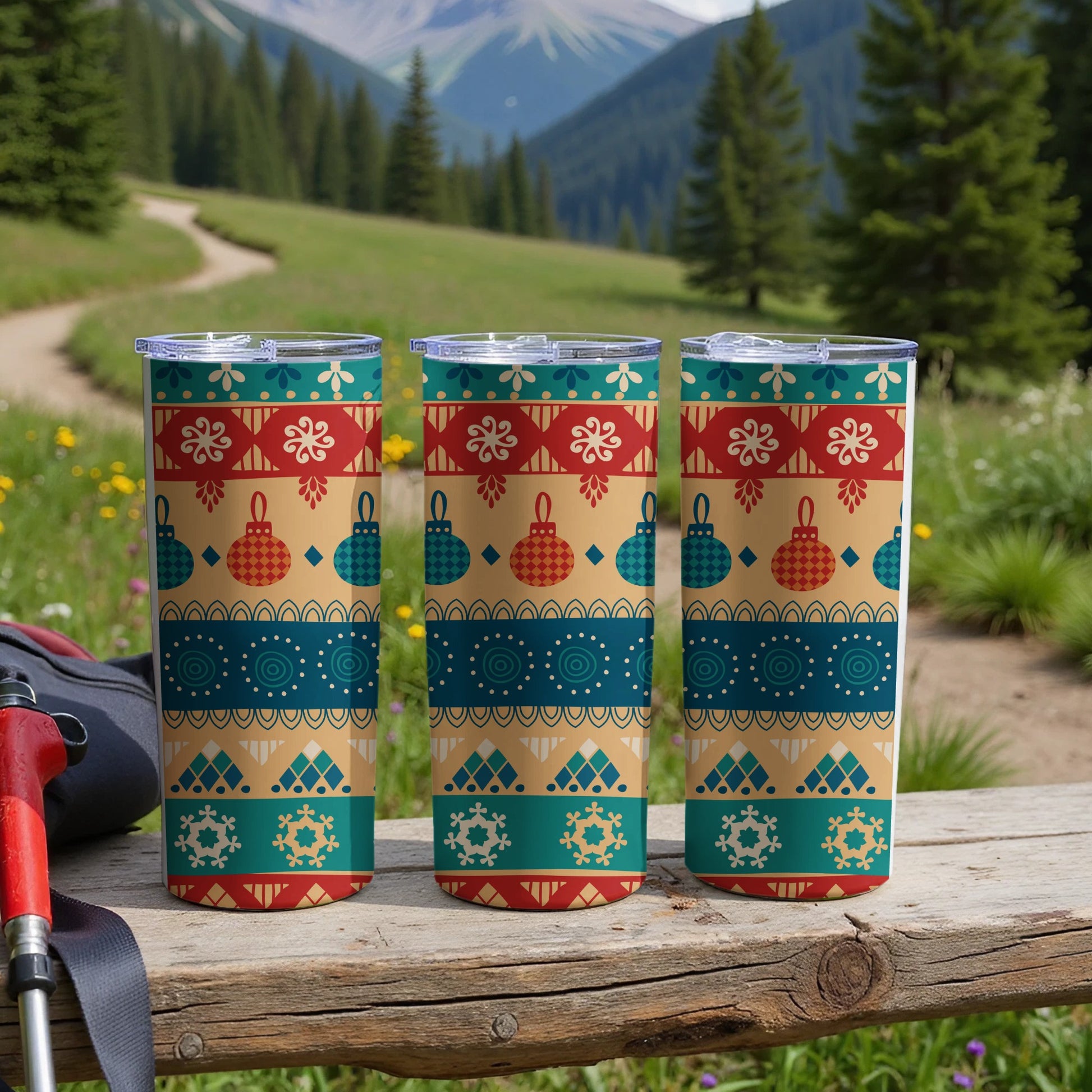 Three decorative tumblers with geometric and ornament patterns sit on a wooden surface.
