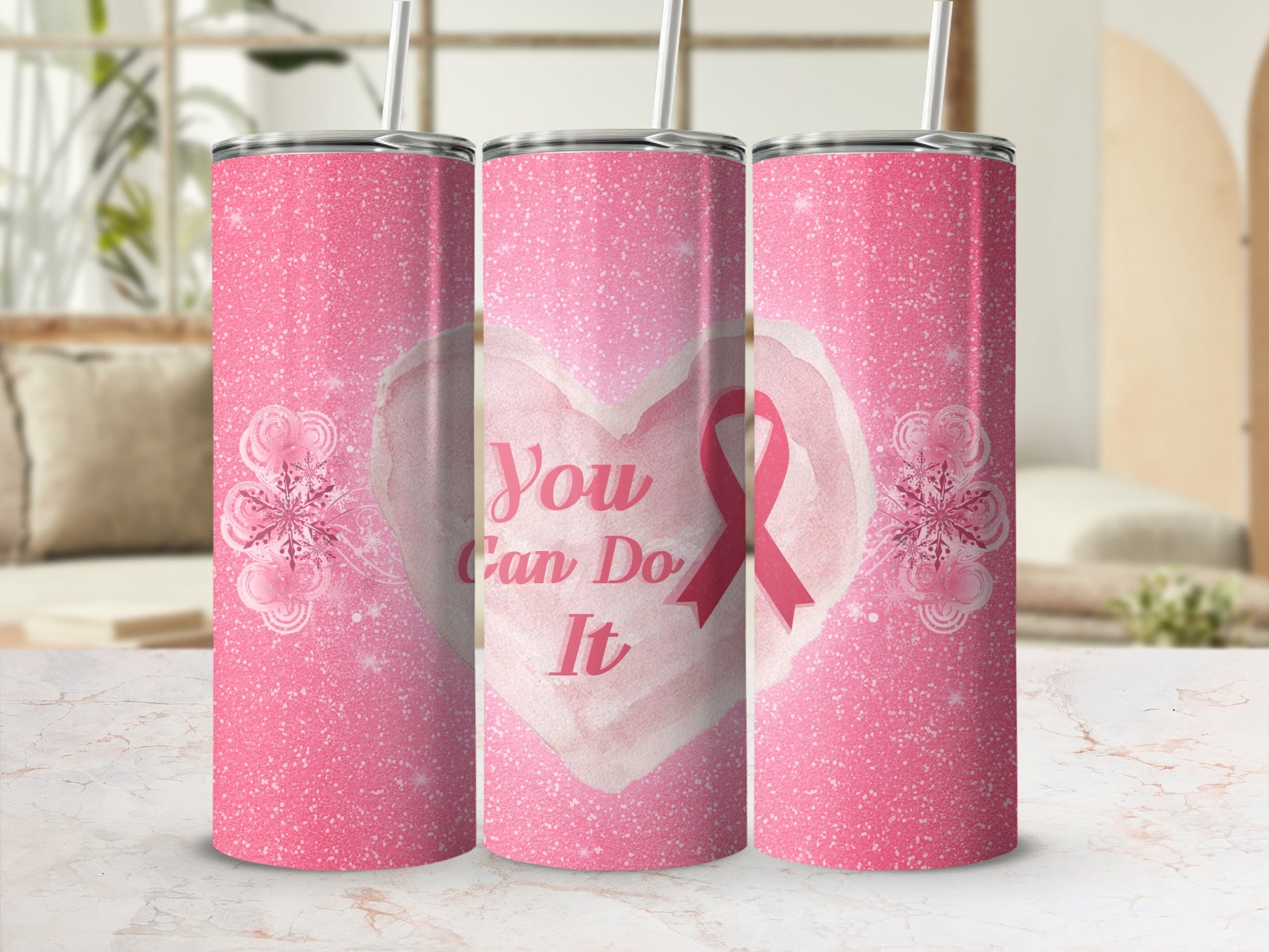 Pink glitter tumbler with "You Can Do It" and a pink ribbon inside a heart.