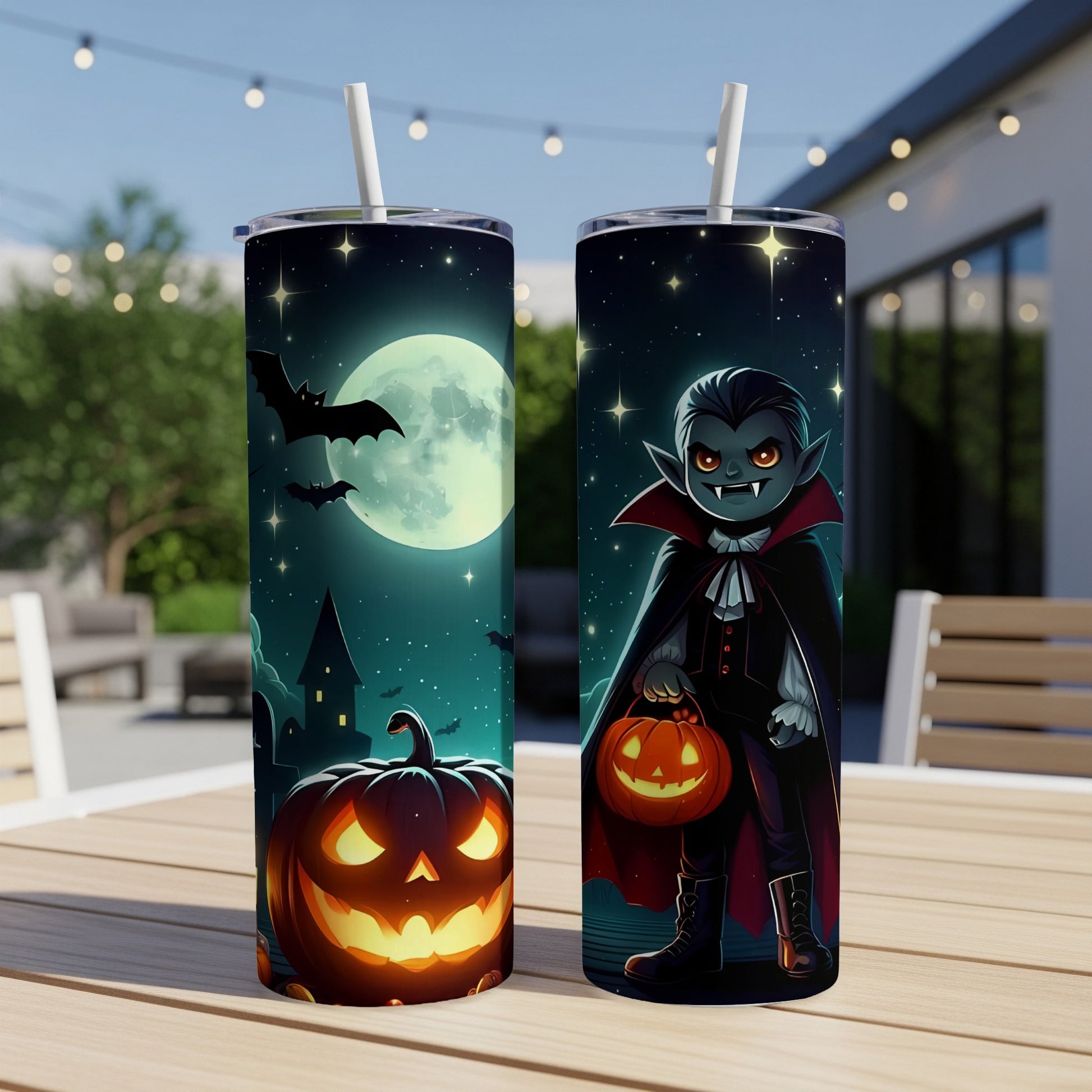 Halloween tumblers with a vampire, pumpkin, and bats under a full moon.