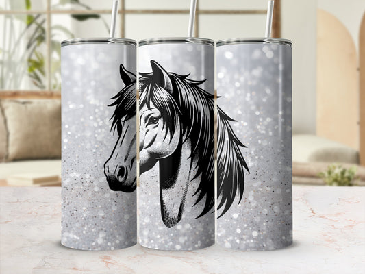 Three tumblers featuring a black and white horse head design on a glitter background.