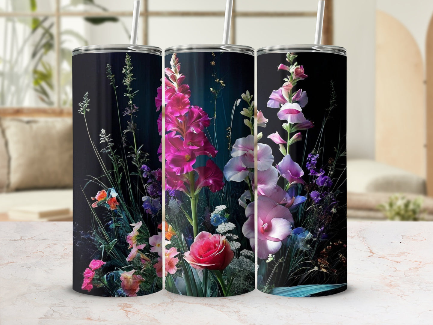 Three tumblers featuring a dark floral design with pink and purple flowers.