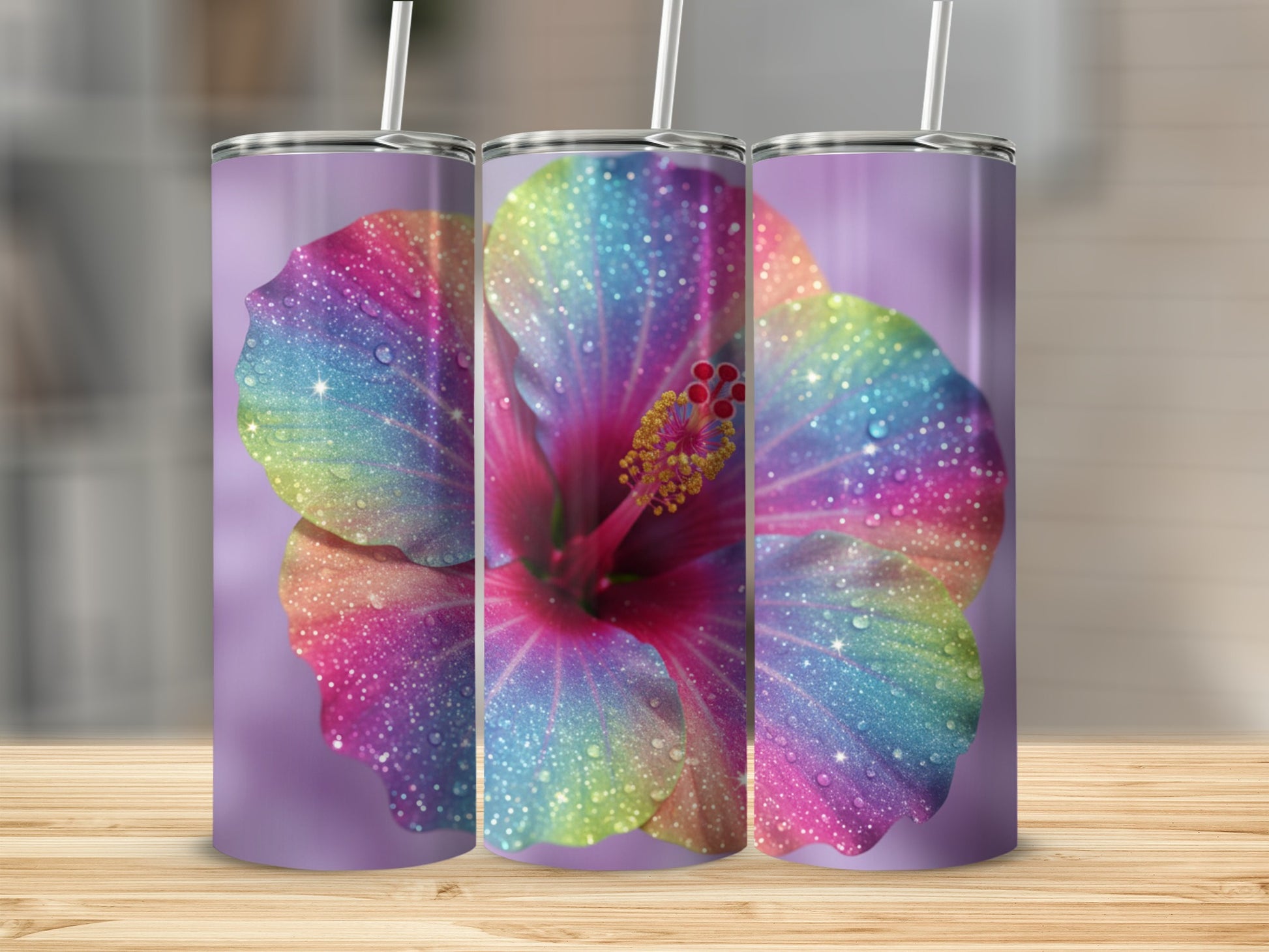 Colorful Rainbow Hibiscus Floral Design Tumbler Cup
