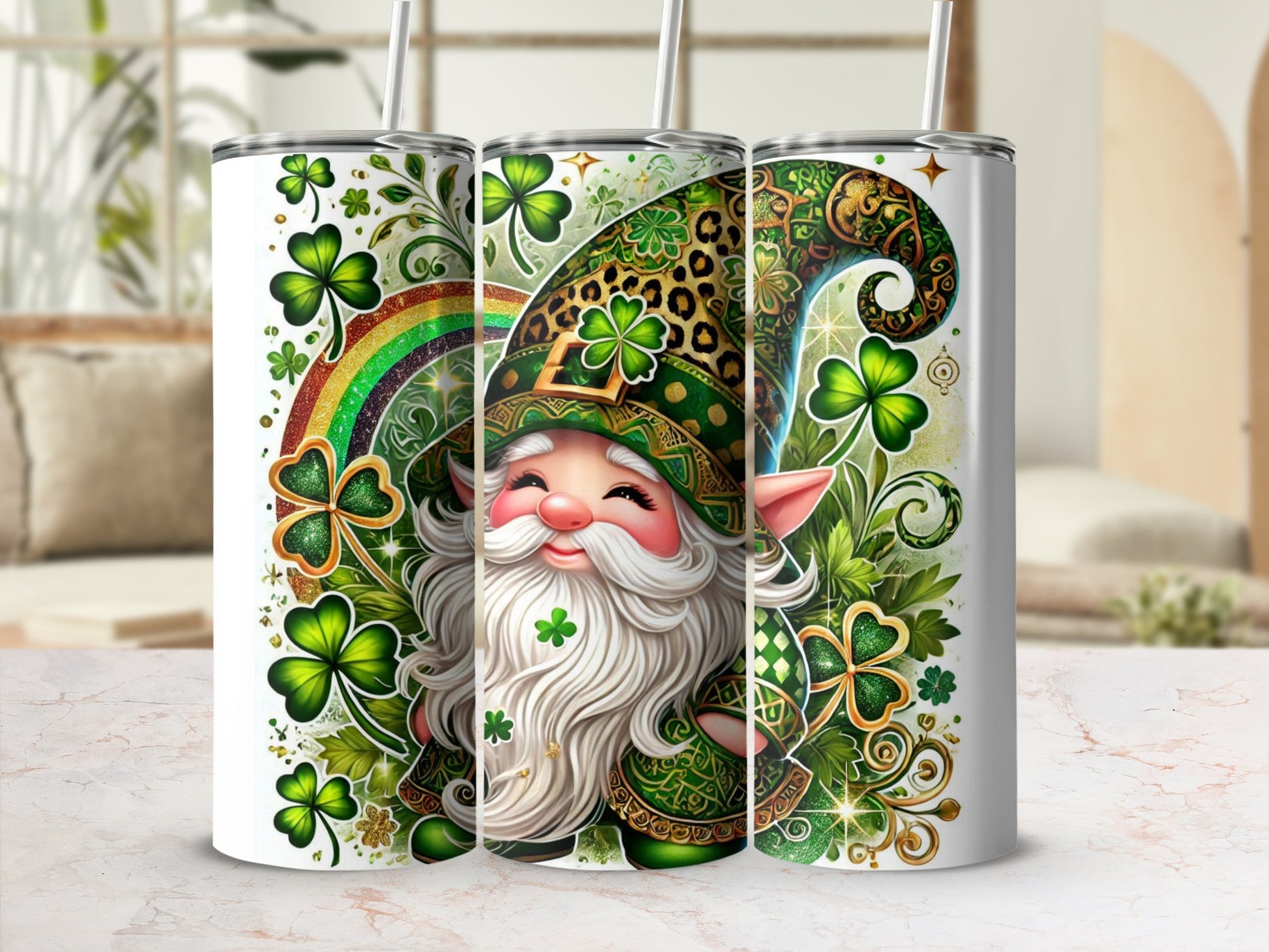 Leaning gnome with shamrocks and rainbow design on a white tumbler.