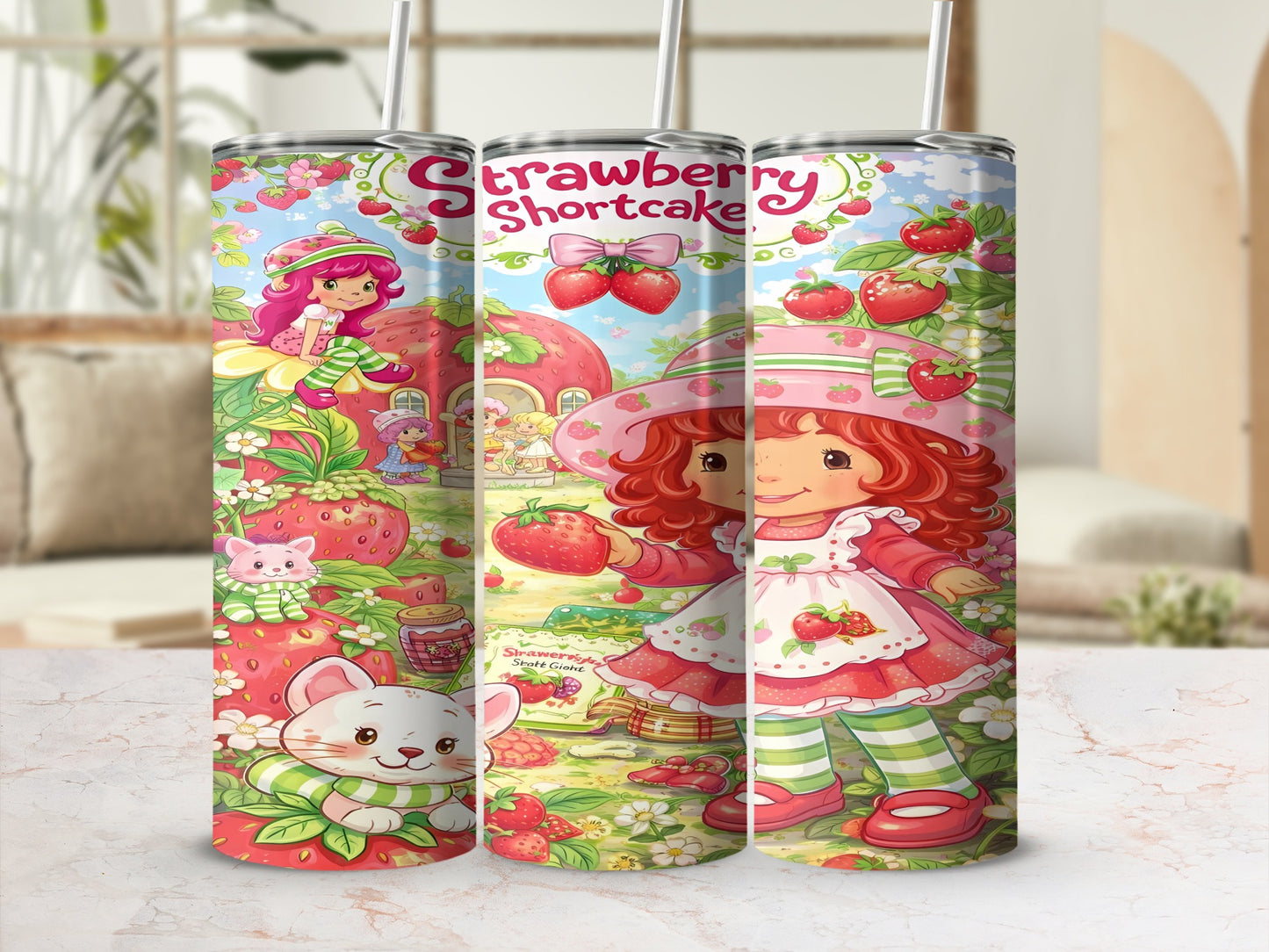Strawberry Shortcake characters and motifs on a tumbler design.