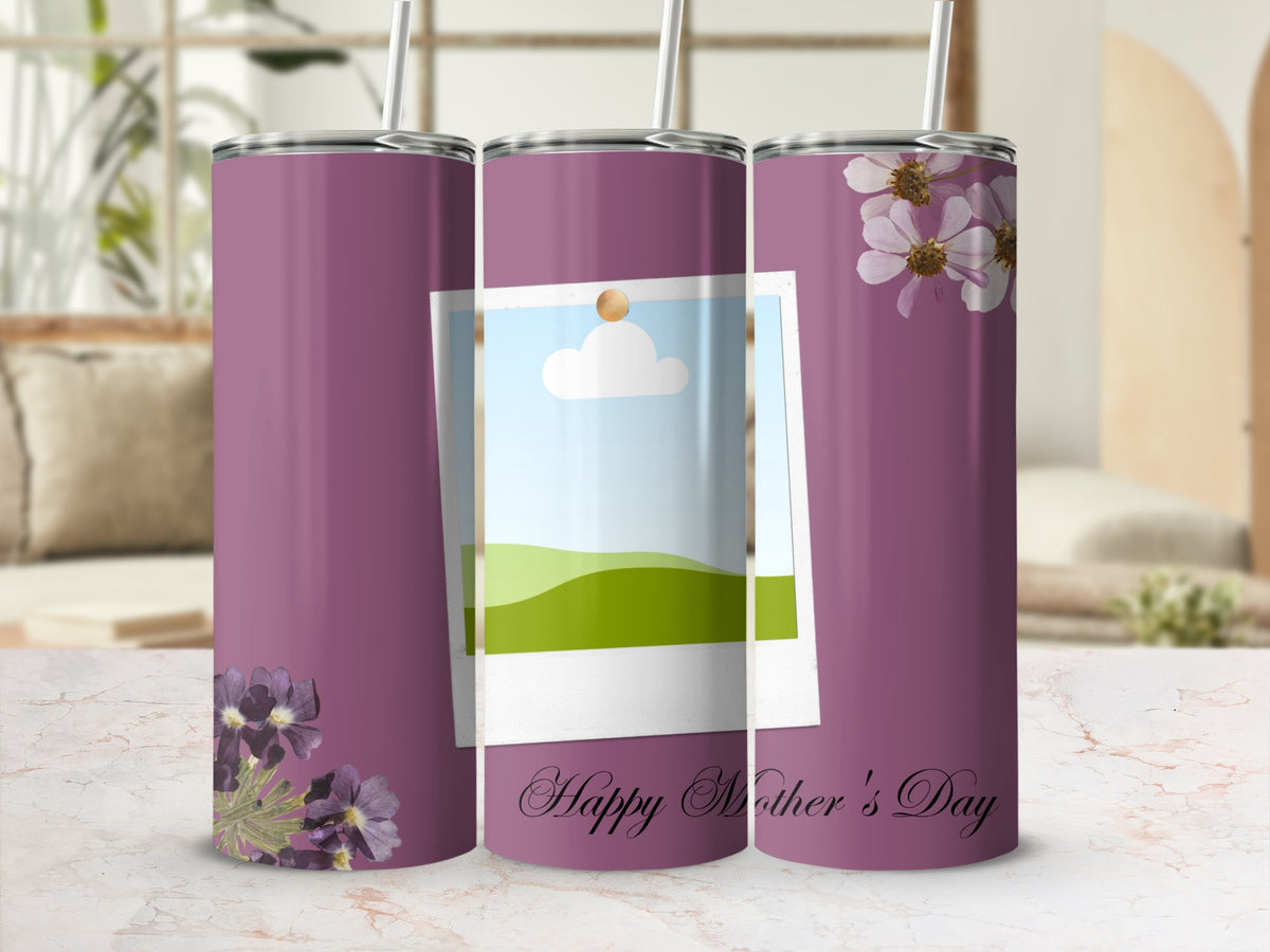 Purple tumblers with floral designs and "Happy Mother's Day" text.