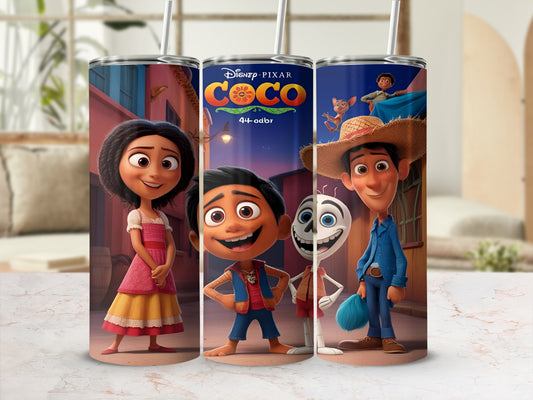 Disney's Coco characters Miguel, Hector, and Imelda on a tumbler.