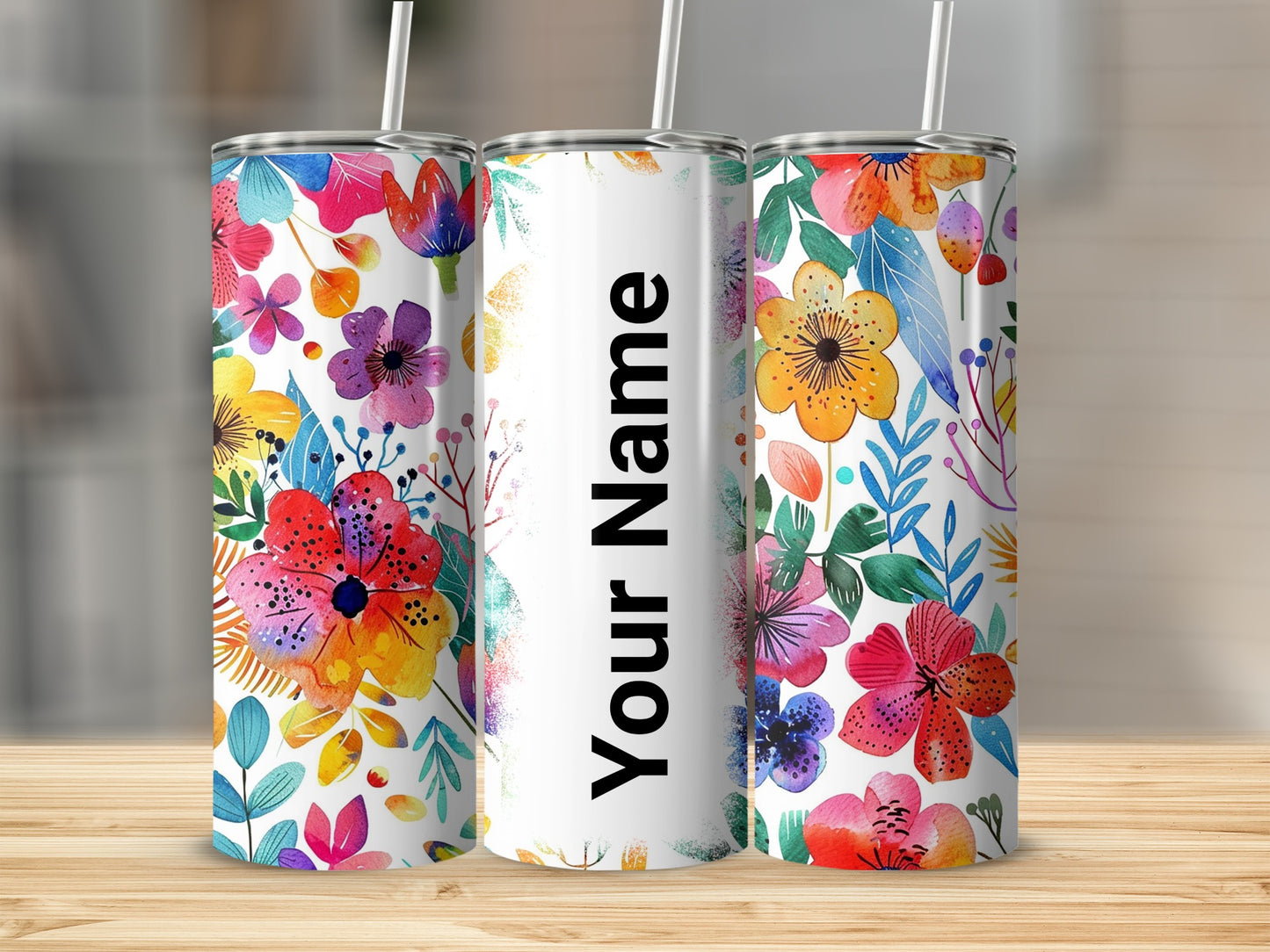 Personalized Floral Design Tumbler with Straw