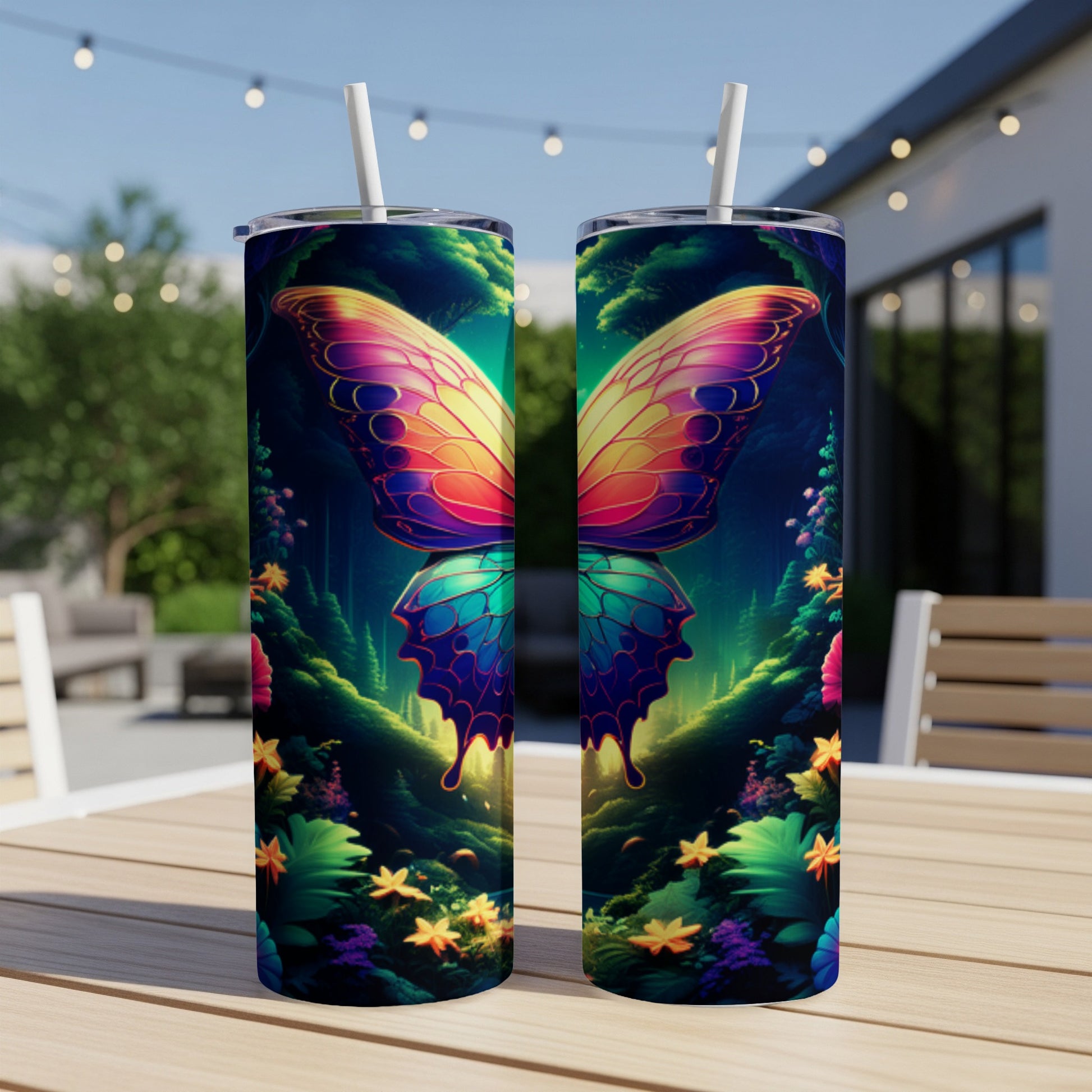 Two tumblers with colorful butterfly wings and floral design on a wooden table.
