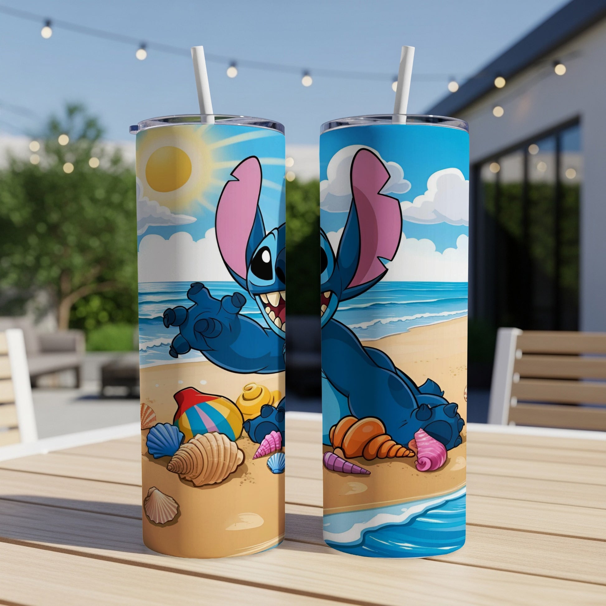 Stitch reaching out from a beach scene on two tumblers.
