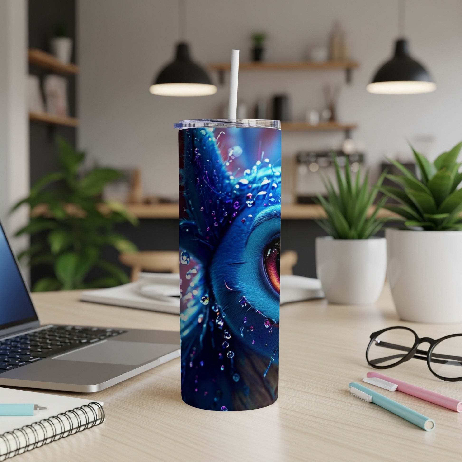 Blue glittery owl eye tumbler with water droplets on a desk.