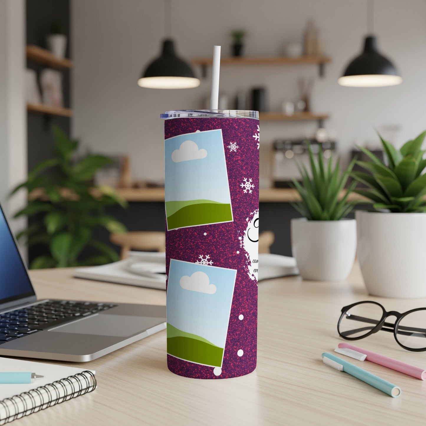 Purple glitter tumbler with photo frames and snowflakes, featuring text.