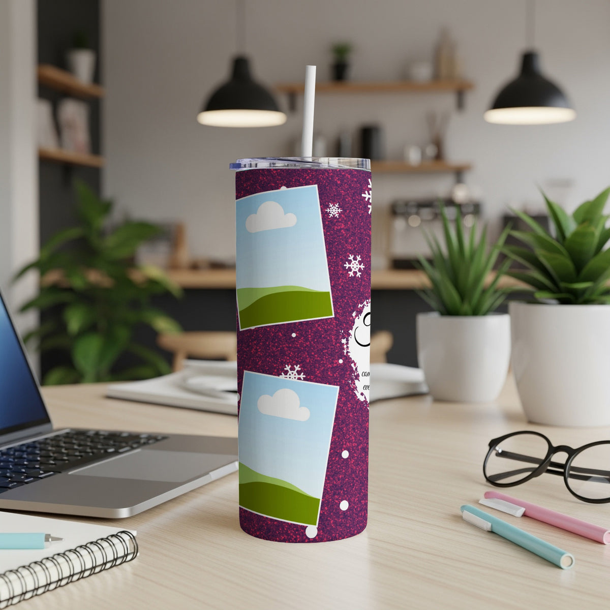 Purple glitter tumbler with photo frames and snowflakes, featuring text.