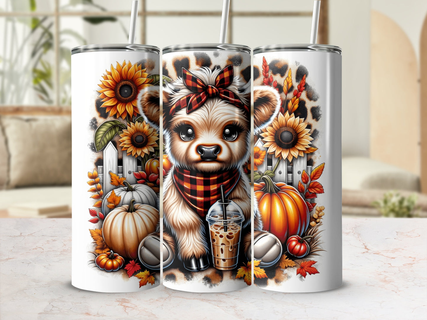 Three tumblers with cute puppy, sunflowers, pumpkins, and leopard print.