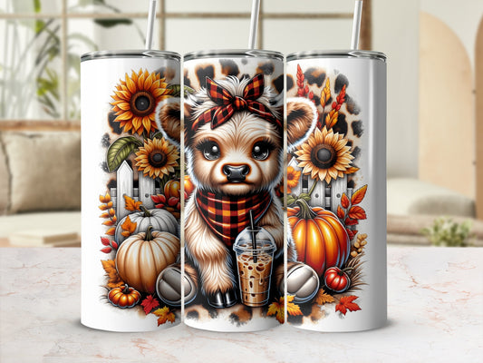 Three tumblers with cute puppy, sunflowers, pumpkins, and leopard print.