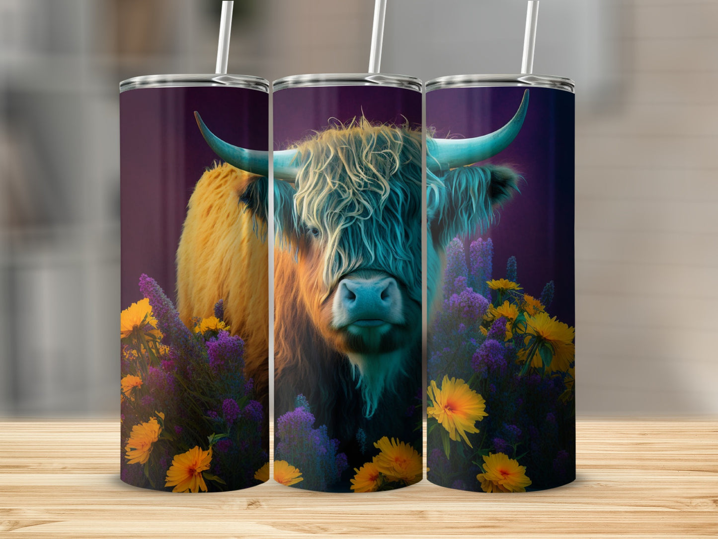 Highland cow with yellow and purple flowers on a purple background.