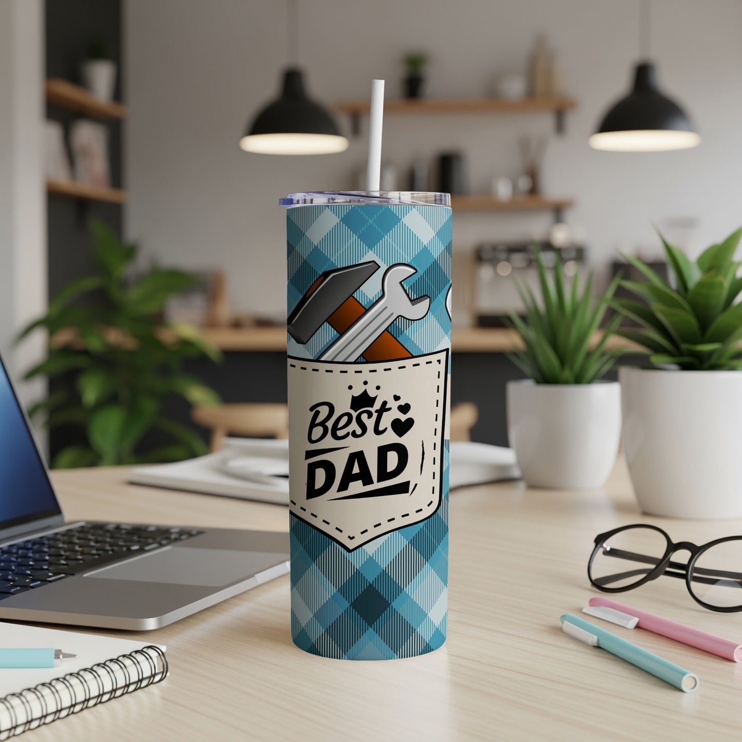 Blue plaid tumbler with "Best Dad" text, hammer, and wrench design.