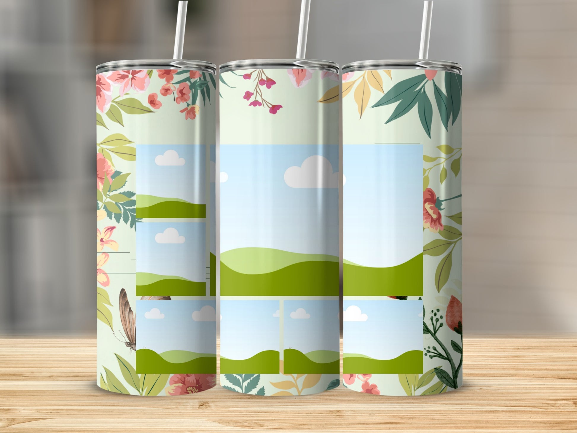 Three tumblers with a floral and butterfly design, showcasing sample photo frames.
