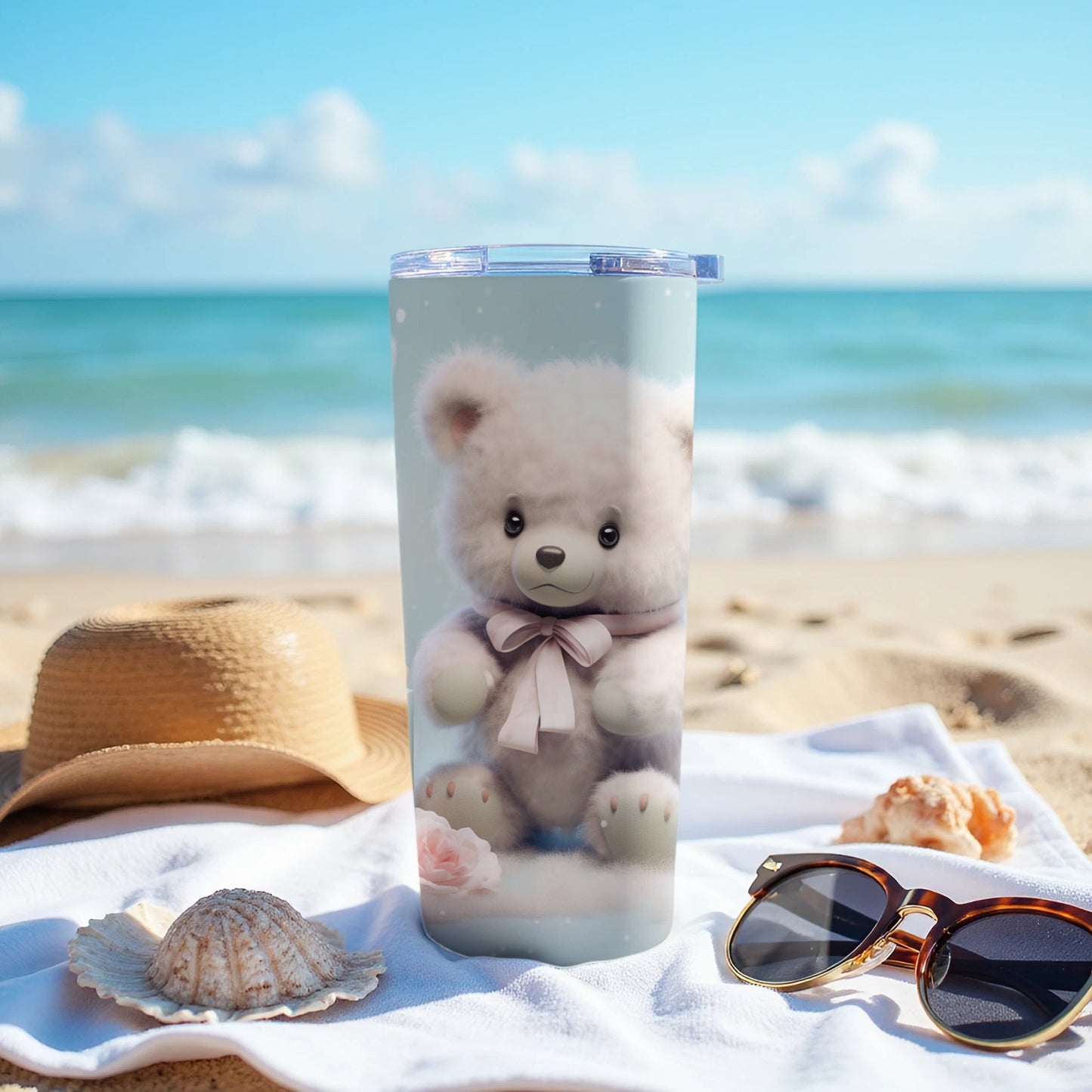 Adorable Fluffy Bear Beach Day Tumbler product type
teddy bear, cute bear, fluffy bear, bear tumbler, beach tumbler, summer drinkware, ocean vibes, travel mug, insulated cup, beverage holder, gift for kids, adorable design, tumbler cup, pink bow, rose accents, sunny beach, vacation accessory, drink container, kawaii aesthetic, unique gift