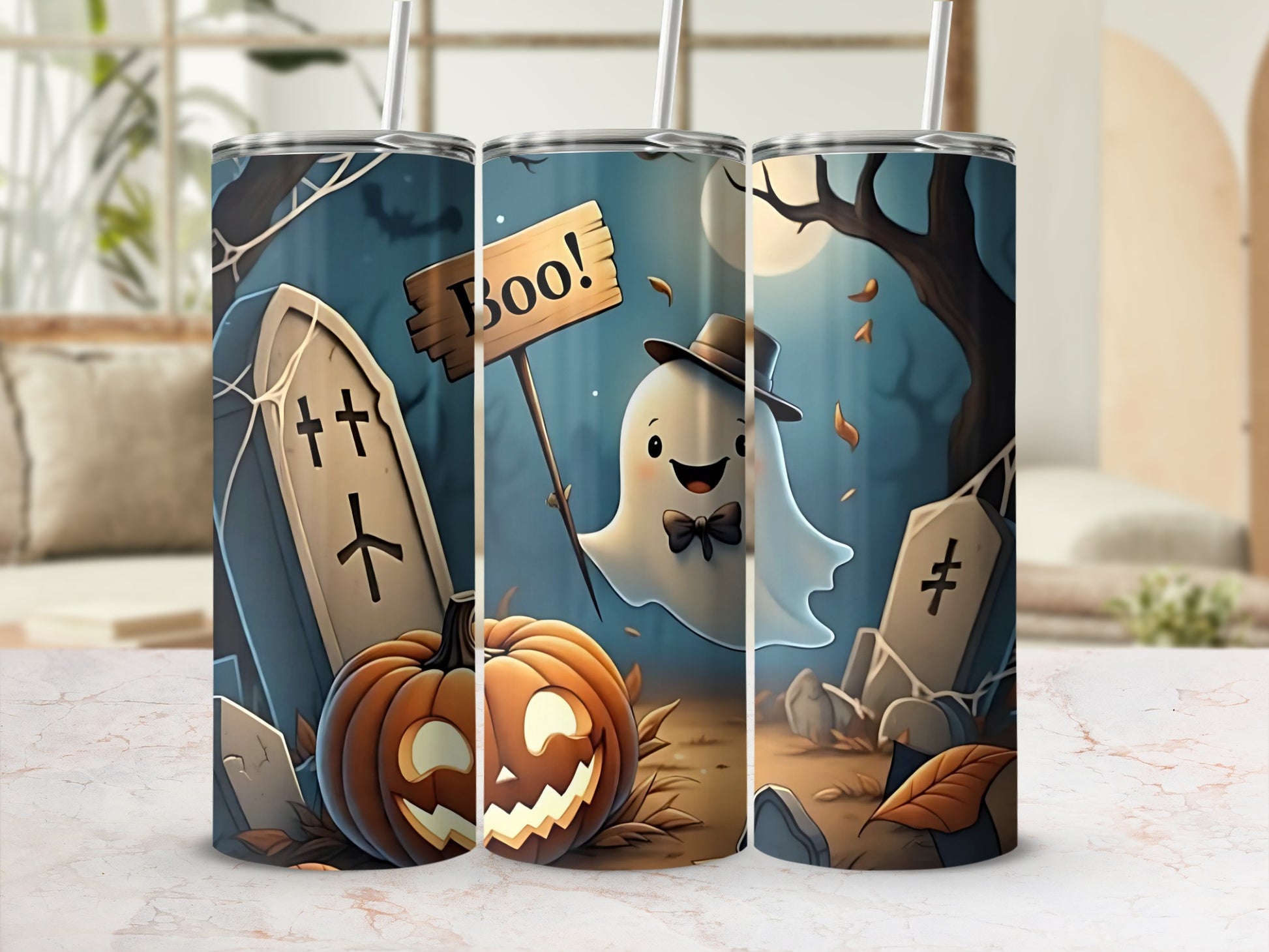 Three tumblers with a Halloween scene featuring a ghost, pumpkin, and tombstones.